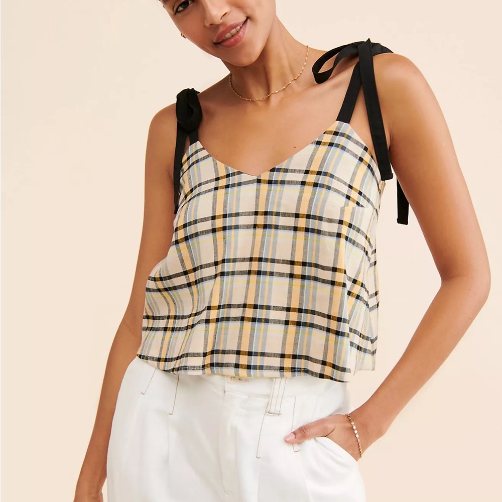 Anthropologie Eve Gravel Linen Plaid Tie-Shoulder Camisole Size Large